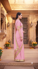 Pink Georgette Saree with Golden Zari Booti Print & Lace Border - Image 4