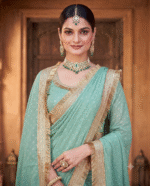 Sea Green Royal Bandhani Zari Work Saree - Image 3