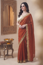 Women's Rust Orange Woven Silk Blend Saree with Golden Tassel Border