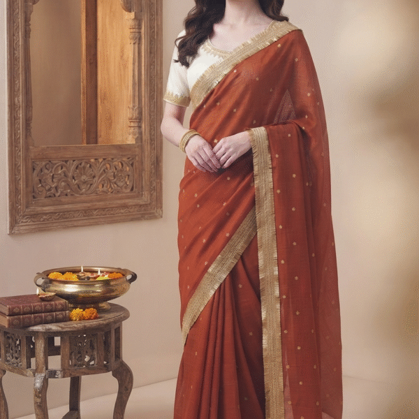 Women's Rust Orange Woven Silk Blend Saree with Golden Tassel Border