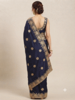 Women's Navy Blue Woven Silk Blend Saree with Elegant Golden Floral Zari Border - Image 2