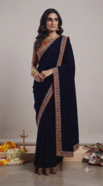 Women's Royal Blue Georgette Saree with Embroidered Designer Lace Border - Image 5