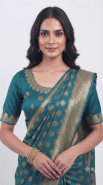 Women's Teal Blue Woven Silk Blend Saree with Rich Golden Zari Border - Image 3