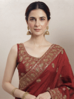 Women's Red Woven Silk Blend Saree with Rich Golden Floral Zari Border - Image 5