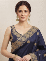 Women's Navy Blue Woven Silk Blend Saree with Elegant Golden Floral Zari Border - Image 4