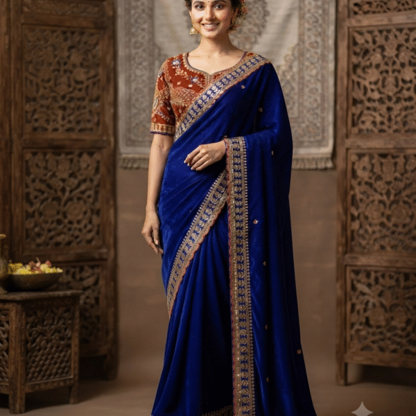Royal Blue Embroidered Designer Saree for Women
