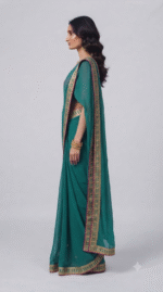 Women's Teal Green Georgette Saree with Embroidered Lace Border - Image 3