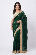 Women's Emerald Green Woven Silk Blend Saree with Golden Tassel Border
