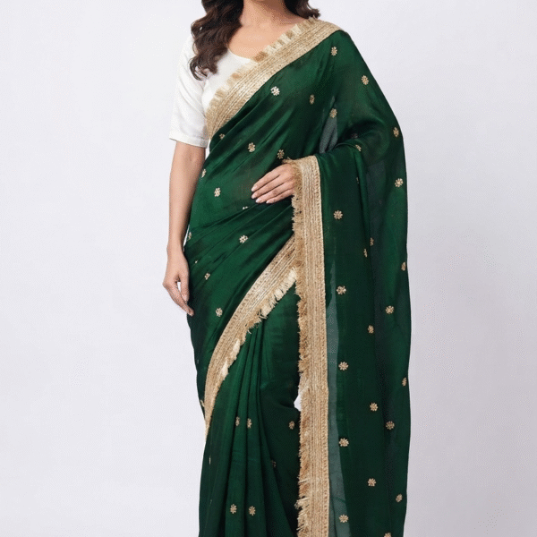Women's Emerald Green Woven Silk Blend Saree with Golden Tassel Border