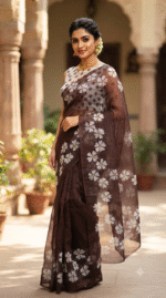 Women Chocolate Brown Floral Printed Saree with White Flower Motifs