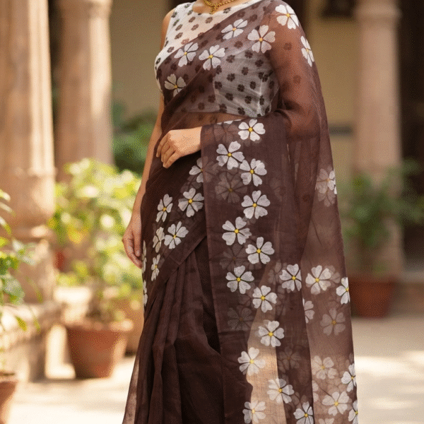 Women Chocolate Brown Floral Printed Saree with White Flower Motifs