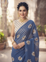 Women’s Blue Floral Printed Saree with Matching Blouse - Image 4