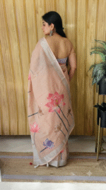 Women Peach Floral Lotus Print Saree with Tassel Detailing - Image 3