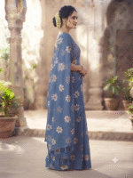 Women’s Blue Floral Printed Saree with Matching Blouse - Image 2