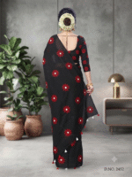 Women Black Floral Printed Saree with Red & White Flower Motifs - Image 5