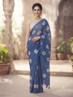 Women’s Blue Floral Printed Saree with Matching Blouse