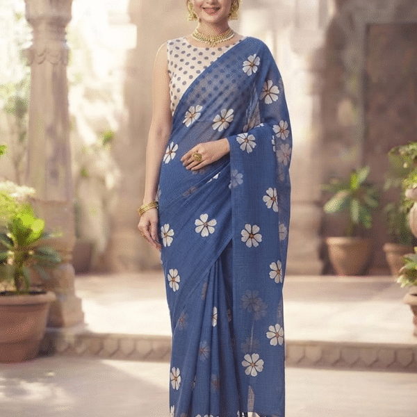 Women’s Blue Floral Printed Saree with Matching Blouse