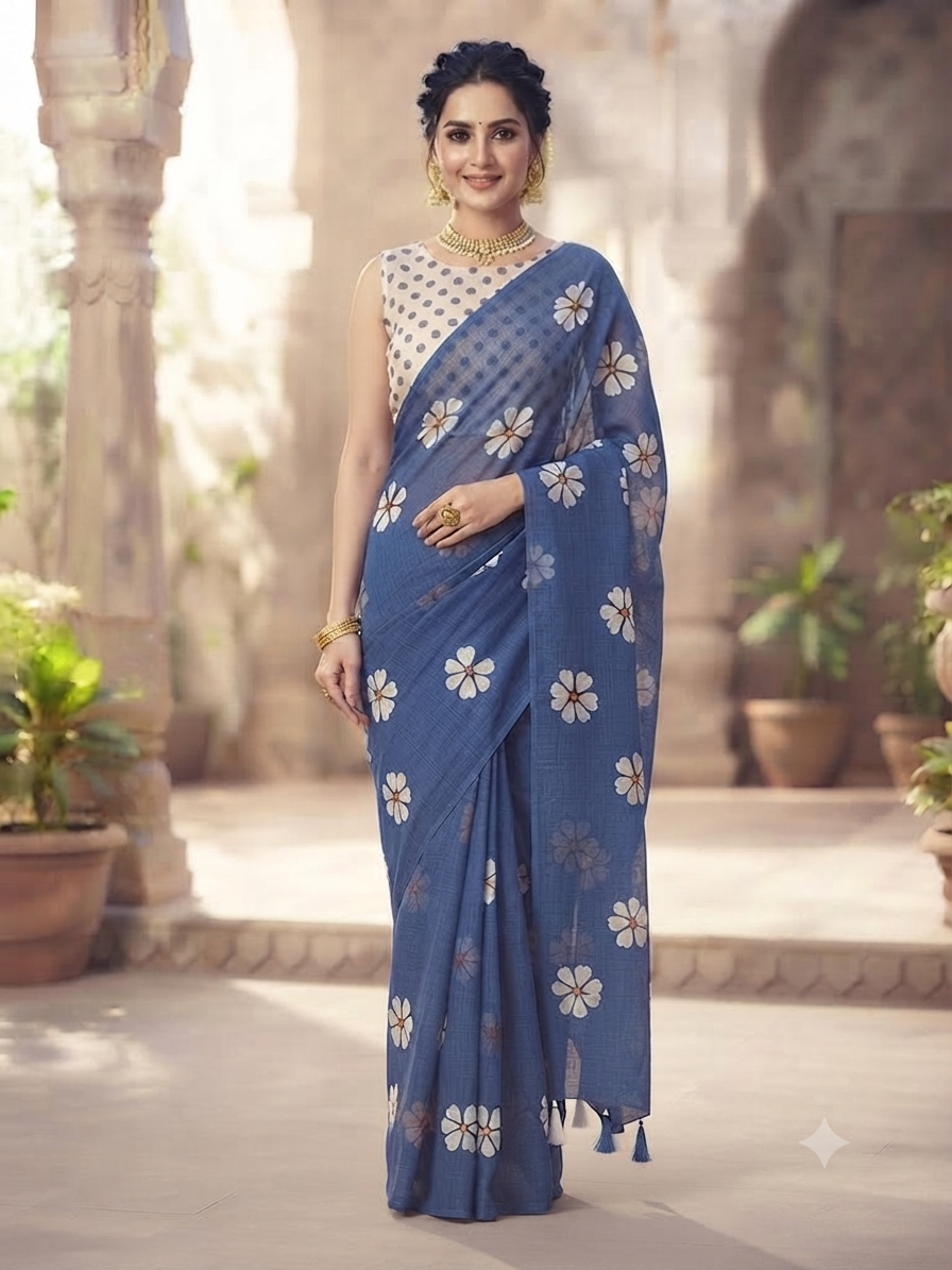 Gemini_Generated_Image_g9hmmxg9hmmxg9hm Women’s Blue Floral Printed Saree with Matching Blouse - Image 1