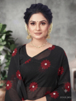 Women Black Floral Printed Saree with Red & White Flower Motifs - Image 3