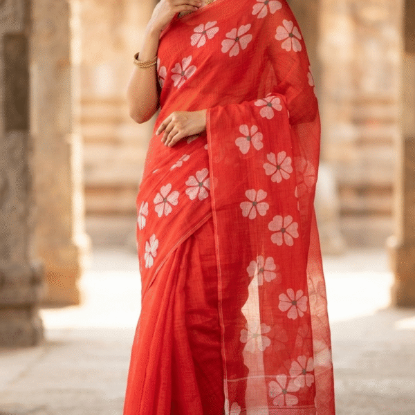 Women Red Floral Printed Saree with Tassel Detailing