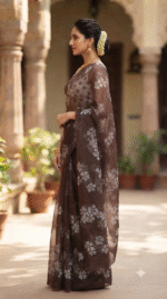 Women Chocolate Brown Floral Printed Saree with White Flower Motifs - Image 3