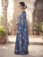 Women’s Blue Floral Printed Saree with Matching Blouse - Image 3