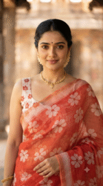 Women Red Floral Printed Saree with Tassel Detailing - Image 3