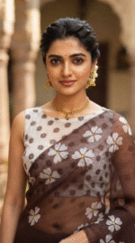 Women Chocolate Brown Floral Printed Saree with White Flower Motifs - Image 4