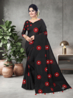 Women Black Floral Printed Saree with Red & White Flower Motifs