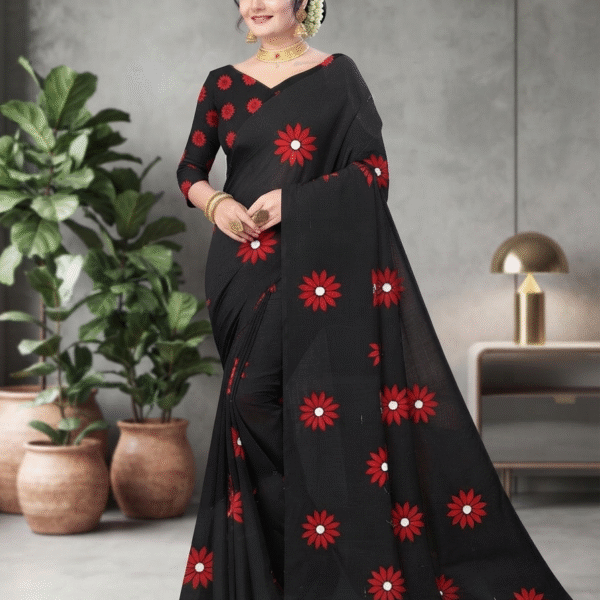 Women Black Floral Printed Saree with Red & White Flower Motifs
