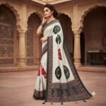 Women's Off-White Printed Saree with Black Contrast Border, Medallion & Figurine Print Pallu, Designer Blouse Piece | Casual Festive Ethnic Wear Saree - Image 4