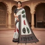 Women's Off-White Printed Saree with Black Contrast Border, Medallion & Figurine Print Pallu, Designer Blouse Piece | Casual Festive Ethnic Wear Saree