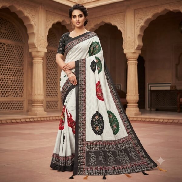 Women's Off-White Printed Saree with Black Contrast Border, Medallion & Figurine Print Pallu, Designer Blouse Piece | Casual Festive Ethnic Wear Saree