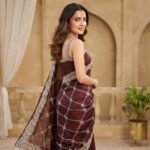 Brown Organza Saree with Silver Zari Embroidery, Designer Party Wear Saree with Stitched Blouse for Women - Image 6