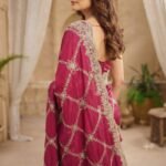 Rani Pink Organza Saree with Silver Zari Embroidery, Designer Party Wear Saree with Stitched Blouse for Women - Image 2