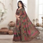 Women's Multicolor Digital Print Patchwork Saree with Maroon Blouse | Kalamkari Style Printed Saree with Contrast Border - Image 7