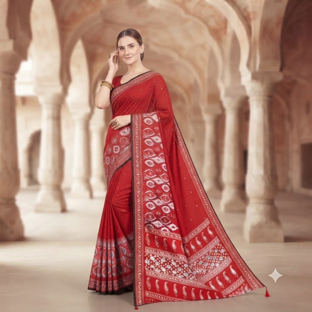 1932e2e6-7361-4bee-b998-8fea2629733e Women's Red Silk Bandhani Print Saree with White Ethnic Motifs, Mirror Work Pallu & Tassel Detailing – Festive, Traditional Saree - Image 1