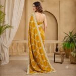 Mustard Yellow Organza Saree with Silver Zari Embroidery, Designer Party Wear Saree with Stitched Blouse for Women - Image 7
