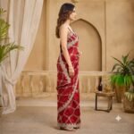 Red Organza Saree with Silver Zari Embroidery, Designer Party Wear Saree with Stitched Blouse for Women - Image 3