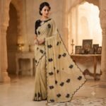 Women's Beige Georgette Saree with Black Floral Embroidery, Scalloped Cutwork Border & Contrast Blouse Piece – Party Wear, Wedding, Festive Saree