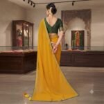 Women's Mustard Yellow Plain Silk Saree with Green Contrast Blouse | Golden Zari Border Traditional Saree - Image 3