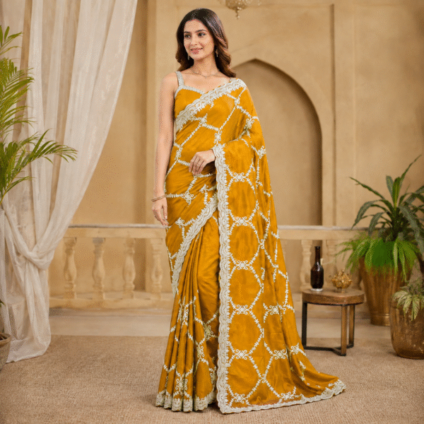Mustard Yellow Organza Saree with Silver Zari Embroidery, Designer Party Wear Saree with Stitched Blouse for Women