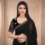 Women's Black Plain Georgette Saree with Golden Lace Border | Embroidered Sleeves Blouse Party Wear Saree - Image 5