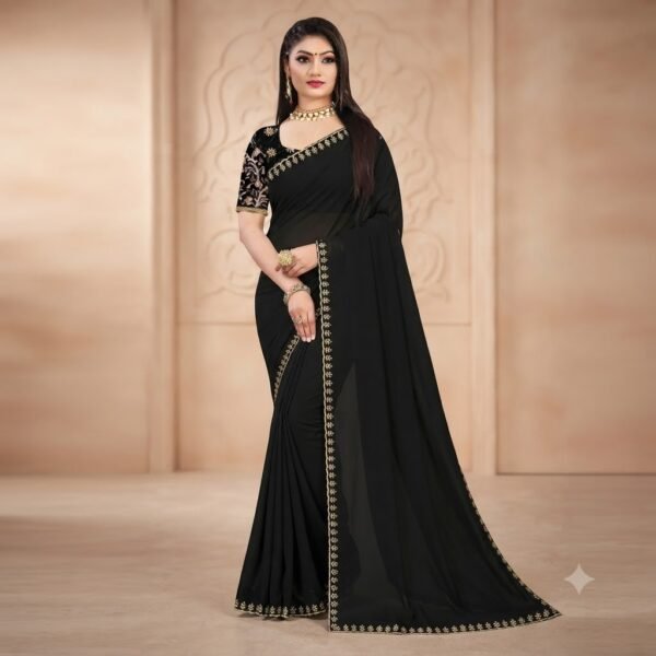 Women's Black Plain Georgette Saree with Golden Lace Border | Embroidered Sleeves Blouse Party Wear Saree