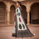 Women's Off-White Printed Saree with Black Contrast Border, Medallion & Figurine Print Pallu, Designer Blouse Piece | Casual Festive Ethnic Wear Saree - Image 3