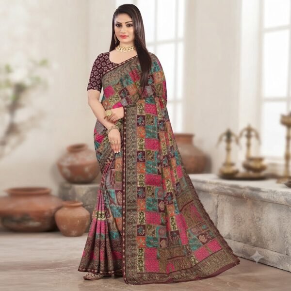 Women's Multicolor Digital Print Patchwork Saree with Maroon Blouse | Kalamkari Style Printed Saree with Contrast Border