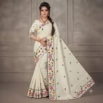 Women's Off-White Georgette Saree with Multicolor Floral Embroidery, Zigzag Border & Embroidered Blouse Piece – Party Wear, Festive, Casual Saree