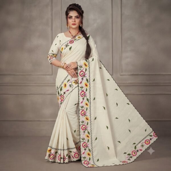Women's Off-White Georgette Saree with Multicolor Floral Embroidery, Zigzag Border & Embroidered Blouse Piece – Party Wear, Festive, Casual Saree