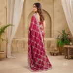 Rani Pink Organza Saree with Silver Zari Embroidery, Designer Party Wear Saree with Stitched Blouse for Women - Image 3