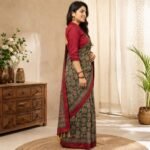 Women's Green Ajrakh Print Silk Blend Saree with Red Border, Elephant Motif Traditional Printed Saree with Unstitched Blouse Piece - Image 4